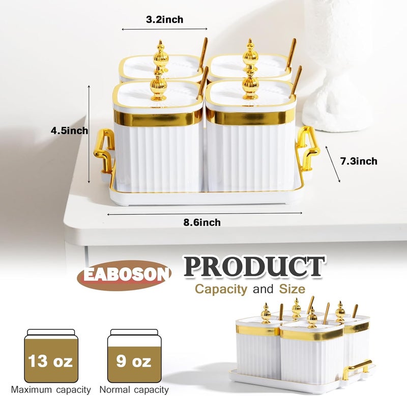 EABOSON 4 Pack Gold Condiment Spice Jars with Lids, Spoons, Tray - Plastic Seasoning Box Set for Salt, Pepper, Sugar - Kitchen Storage - Image 2